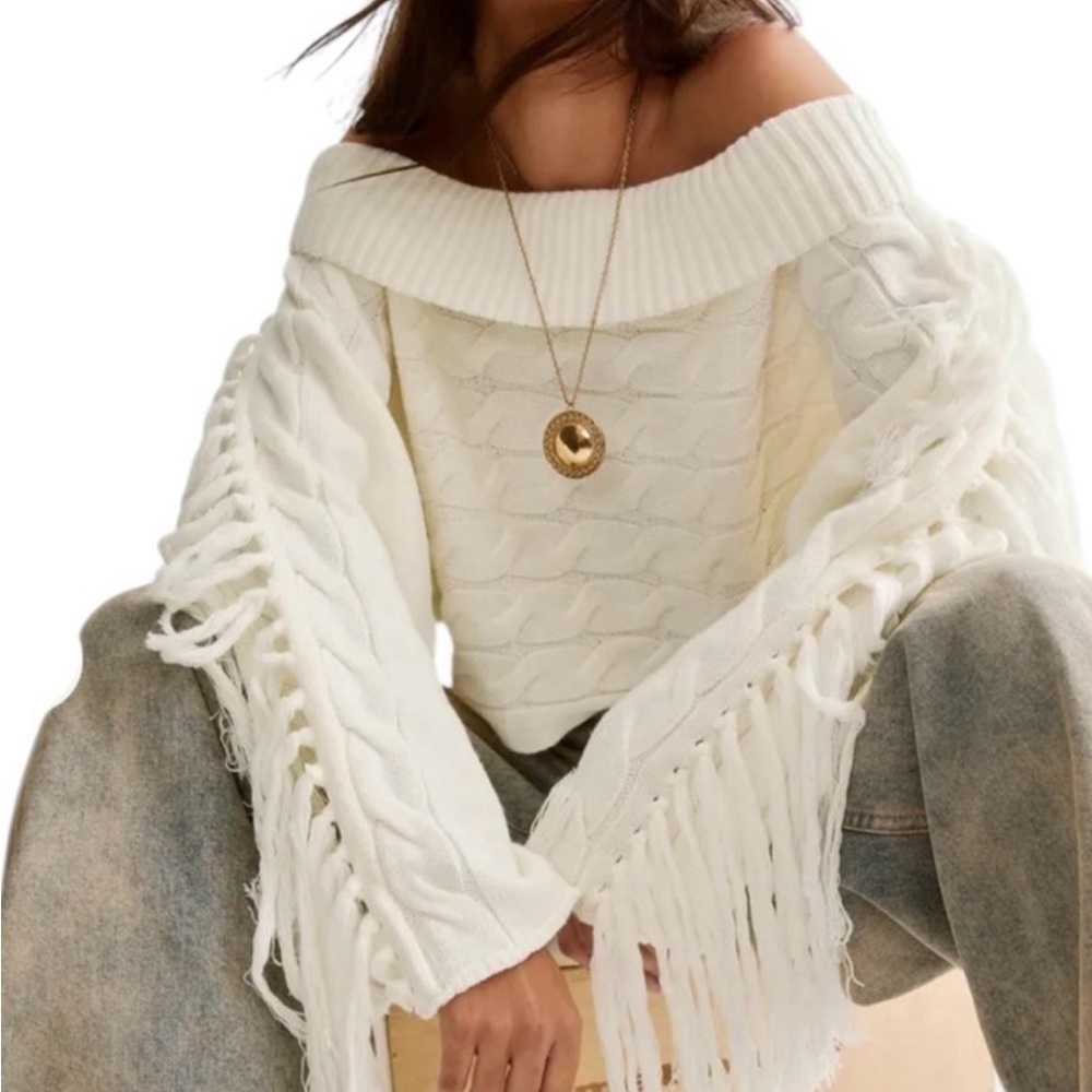 Nasty Gal Off-Shoulder Cream Fringe Sweater